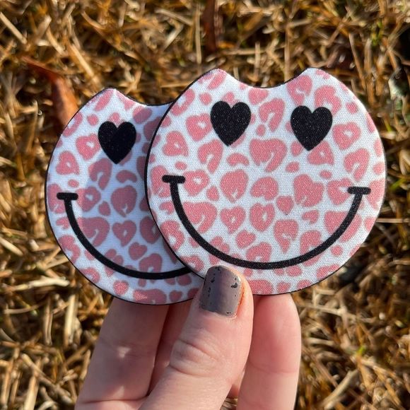 Pink Smiley Face Car Coaster Set - Picture 1 of 13